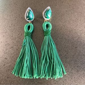Green Stone & Tassel Drop Earrings with Rhinestones